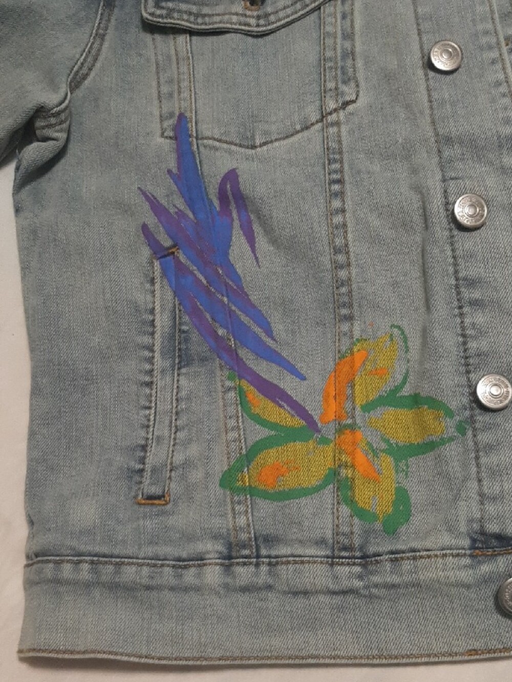 Forever 21 Size L Denim Jacket Painted Floral Abstract Design Vintage Worn Look - Picture 5 of 16